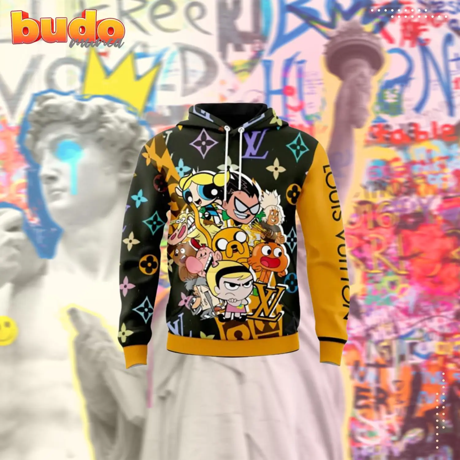 Louis vuitton cartoon hero yellow black unisex hoodie outfit for men women luxury brand clothing special gift - hot new